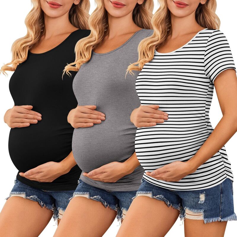 エコアー レディース トップス Tシャツ ギャザー マタニティ Ekouaer Maternity Shirtshort Sleeve 3 Pack Side Ruched Pregnancy Top Mama Clothes Black White Stripe ホワイト|ReVida 店