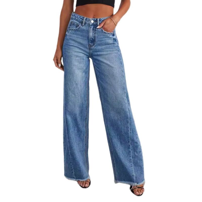 イエスファッション レディース ボトムス デニムパンツ ワイドレッグ ジーンズ Yesfashion Women's Wide Leg Jeans High Waisted Strechy Raw Hem Denim Pants with Pockets Blue ブルー|ReVida 店