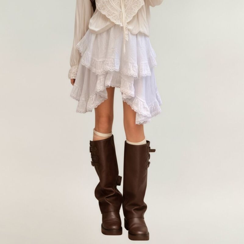 アンナカシ レディース ボトムスカート ティアード アシンメトリー フリル レース Anna-Kaci Women's Tiered Ruffle Lace Hem Skirt with Asymmetricalayers White ホワイト｜ReVida 店