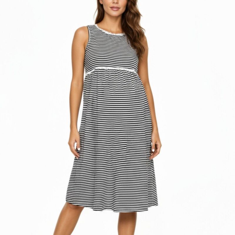 アンナカシ レディース トップス ワンピース ミディ ノースリーブ ニット マタニティ Anna-Kaci Women' s Maternity Sleevelesstripe Midi Dress with Soft Stretch Knit Fabric Black ブラック｜ReVida 店