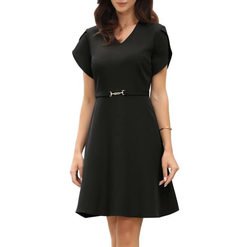 インスパイア シック レディース トップス ワンピース Vネック ミディ INSPIRE CHIC Short Sleeve Dress for Women's V Neck Petal Sleeve Dressy Casual Midi Dresses with Belt Black ブラック|ReVida 店