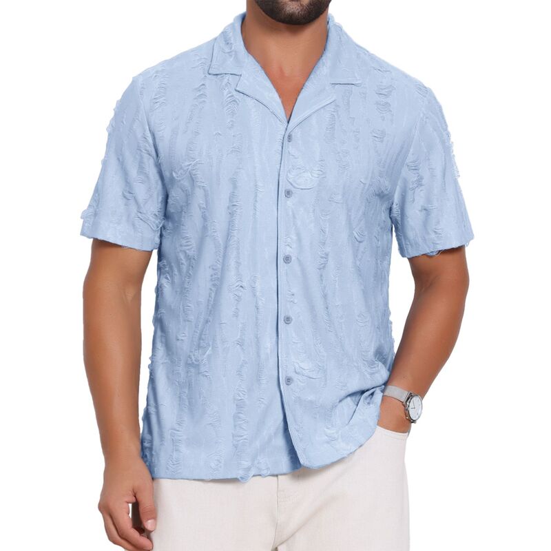インスパイア シック レディース トップス Tシャツ ボタンダウン INSPIRE CHIC Men's Camp Collar Shirt Button Down Short Sleeve Distressed Ripped Casual Shirts Blue ブルー|ReVida 店