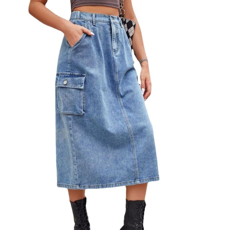 イエスファッション レディース ボトムスカート A ライン ミディ デニム Yesfashion Women's Casual Elastic Waist Pockets Work Midi Denim A Line Skirt Blue ブルー|ReVida 店