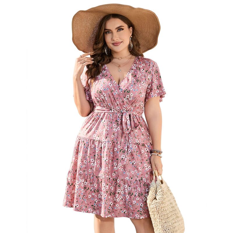 エリートスピリット レディース トップス ワンピース Vネック ティアード プラスサイズ ミディ EliteSpirit Plusize Wrap Dress - V Neck Tiered Midi Dress with Belt Summer Dress for Brunch Wedding & Casual Pink Small Flower ピンク｜ReVida 店 10,514円