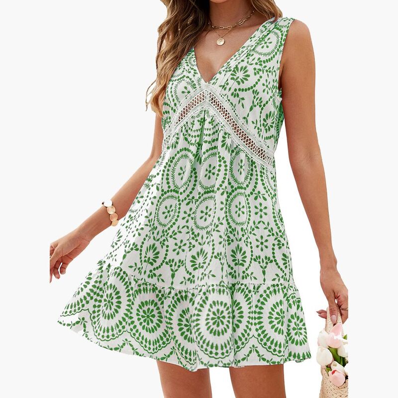 ジョイジョイ レディース トップス ワンピース Vネック プリント フリル ノースリーブ レース JoyJoy Women\'summer Fashion Printedress Hollow-Out Lace V-Neck Sleeveless Casual Ruffled Loose Dress Green グリーン｜ReVida 店