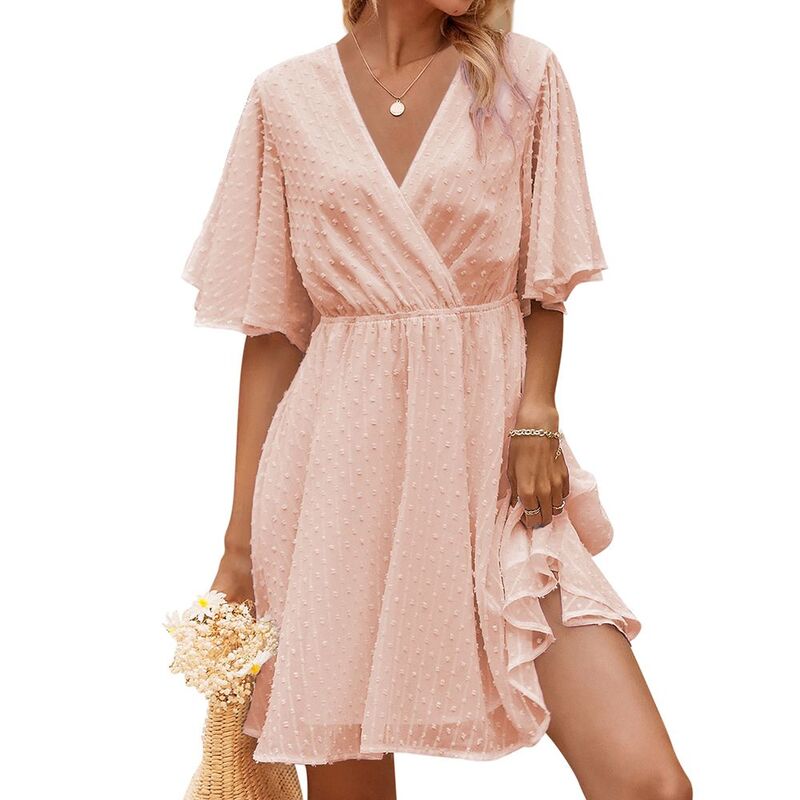 ジョイジョイ レディース トップス ワンピース ドット柄 Vネック シフォン ドット JoyJoy Women Summer Wrapolka Dot Chiffon Dress V-Neck Short Sleeve Dress Daily Versatile Waist Slim Dress Apricot アプリコット｜ReVida 店