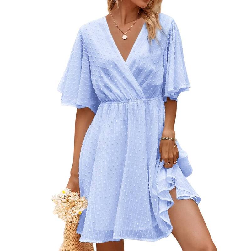 ジョイジョイ レディース トップス ワンピース ドット柄 Vネック シフォン ドット JoyJoy Women Summer Wrapolka Dot Chiffon Dress V-Neck Short Sleeve Dress Daily Versatile Waist Slim Dress Light Blue ブルー|ReVida 店