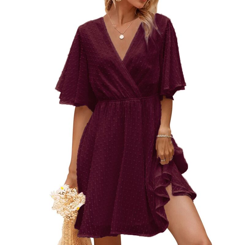 ジョイジョイ レディース トップス ワンピース ドット柄 Vネック シフォン ドット JoyJoy Women Summer Wrapolka Dot Chiffon Dress V-Neck Short Sleeve Dress Daily Versatile Waist Slim Dress Wine Red レッド|ReVida 店