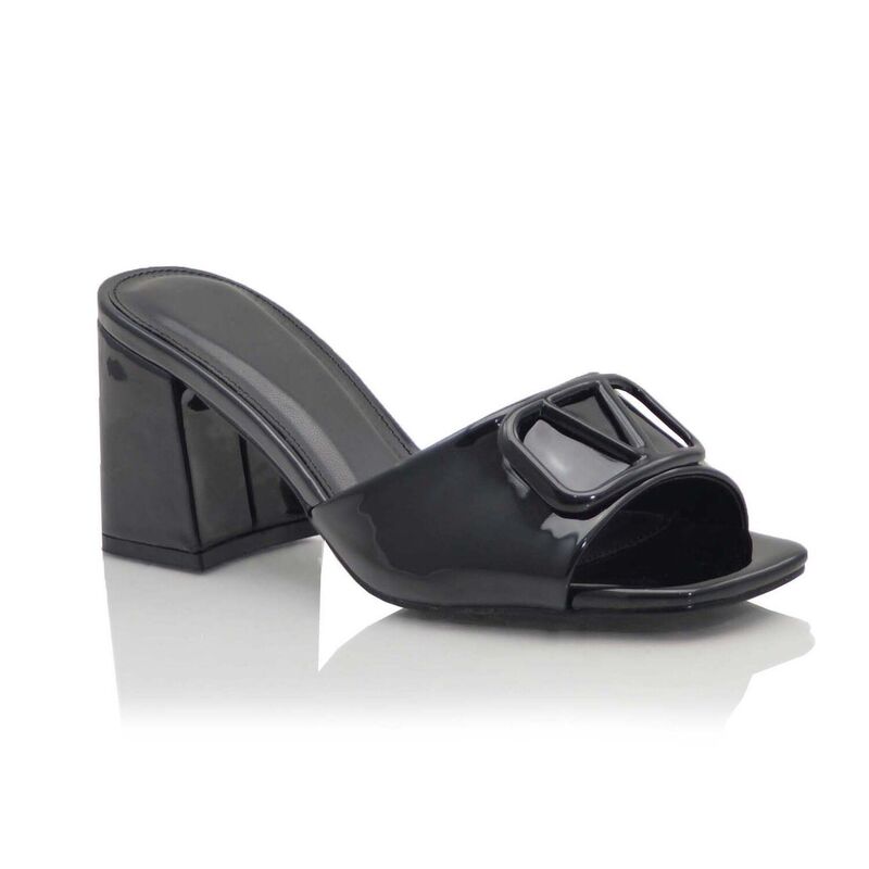 F.C 青写真 レディース シューズ サンダル 踵 F.C Design Square-Toe Buckle Detail Block Heel Slide Sandals Black 黒いこと