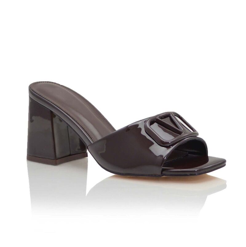 F.C 青写真 レディース シューズ サンダル 踵 F.C Design Square-Toe Buckle Detail Block Heel Slide Sandals Brown 赤銅色