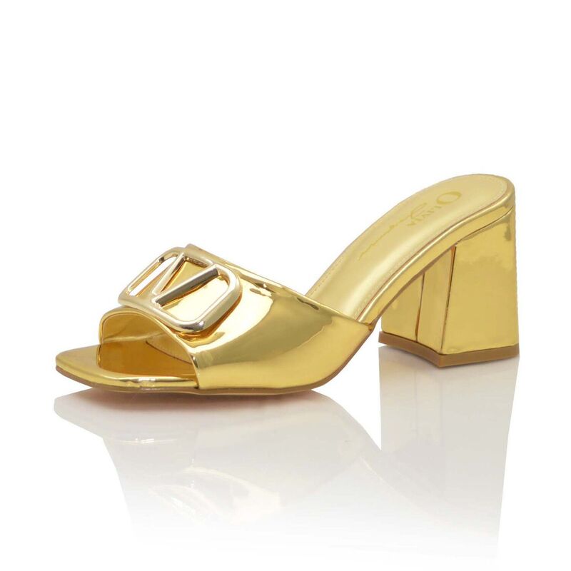 F.C 青写真 レディース シューズ サンダル 踵 F.C Design Square-Toe Buckle Detail Block Heel Slide Sandals Gold ゴールド