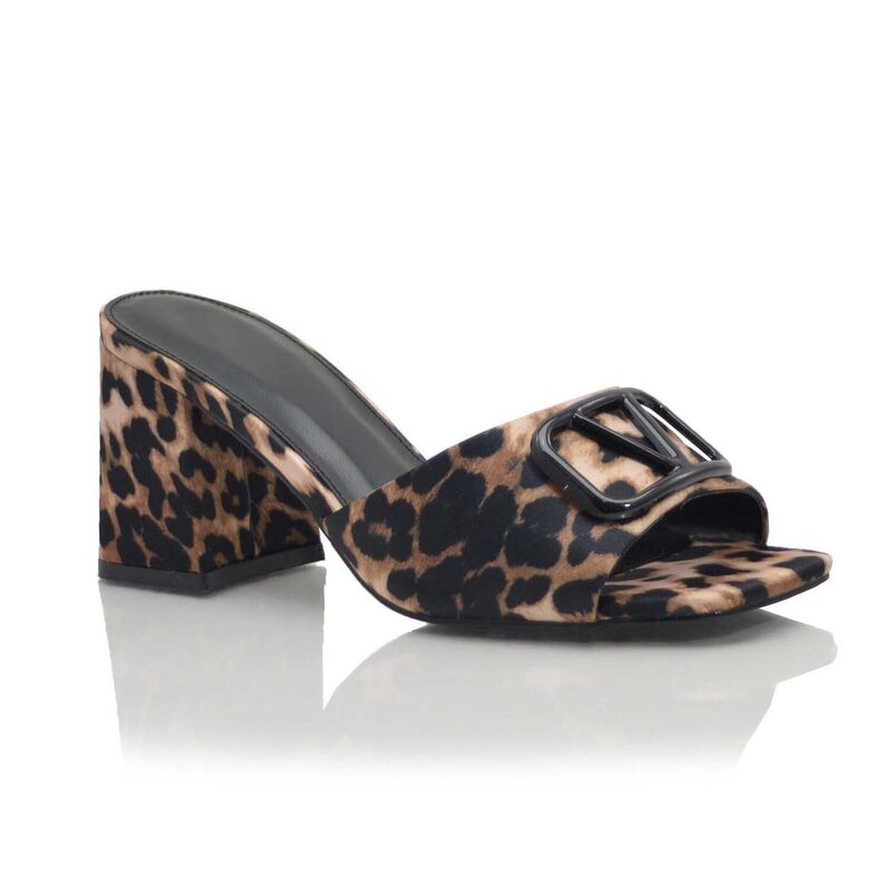 F.C 青写真 レディース シューズ サンダル 踵 F.C Design Square-Toe Buckle Detail Block Heel Slide Sandals Leopard 毛の荒物