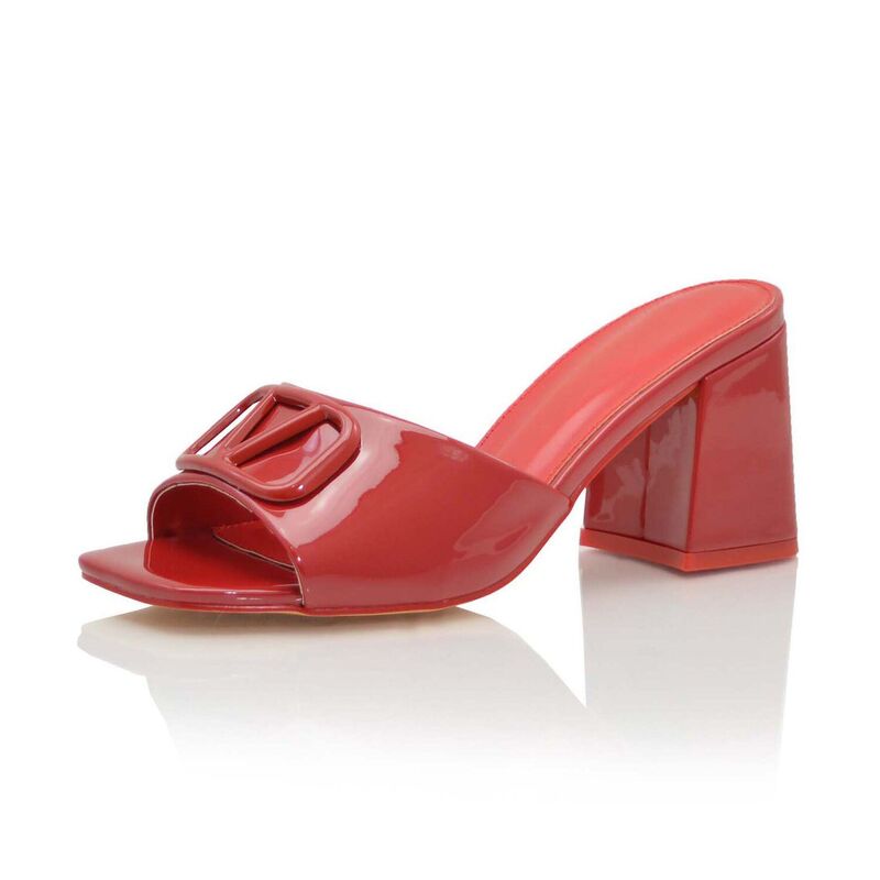 F.C 青写真 レディース シューズ サンダル 踵 F.C Design Square-Toe Buckle Detail Block Heel Slide Sandals Red 赤いこと
