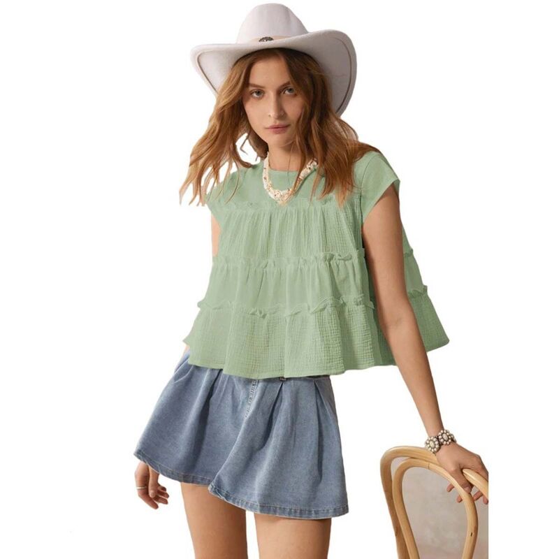 セオリア レディース トップス プルオーバー ティアード フラウンス 北の方ロバート・エドワード・リートップ Seoria Womensleeveless Ruffle Tiered Crop Top Casualoose Fit Babydoll Blouse Green 緑であること