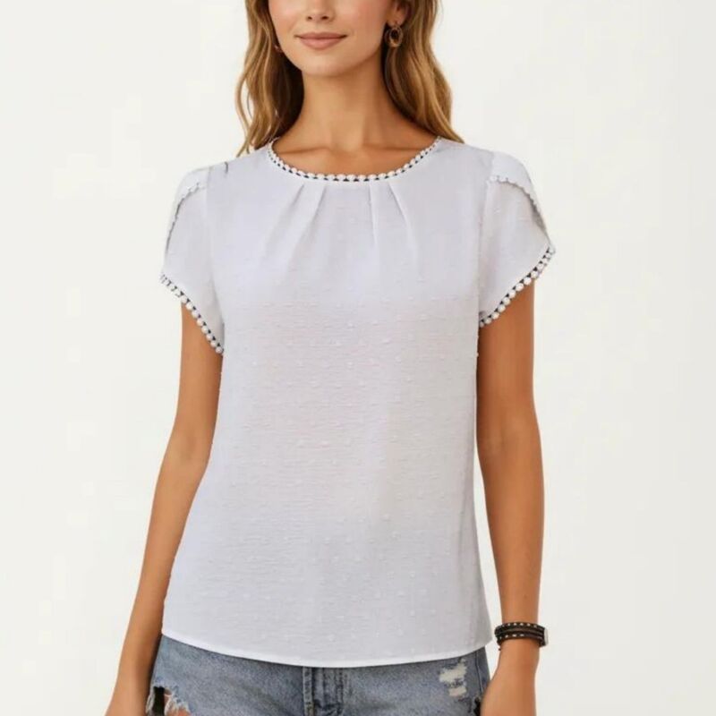 アンナカシ レディース トップス プルオーバー トップ Anna-Kaci Short Sleeve Blouse with Pom Trim Round Neck Textured Fabric Loose Fit Casual Top White 白いこと