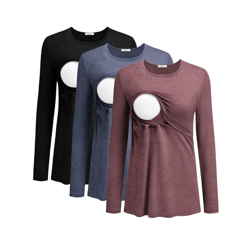 エコアー レディース トップス プルオーバー マタニティ Ekouaer Women 3 Packs Nursing Shirts Long Sleeve Maternity Tops Double Layer Breastfeeding Tees Black Blue Red 黒いこと