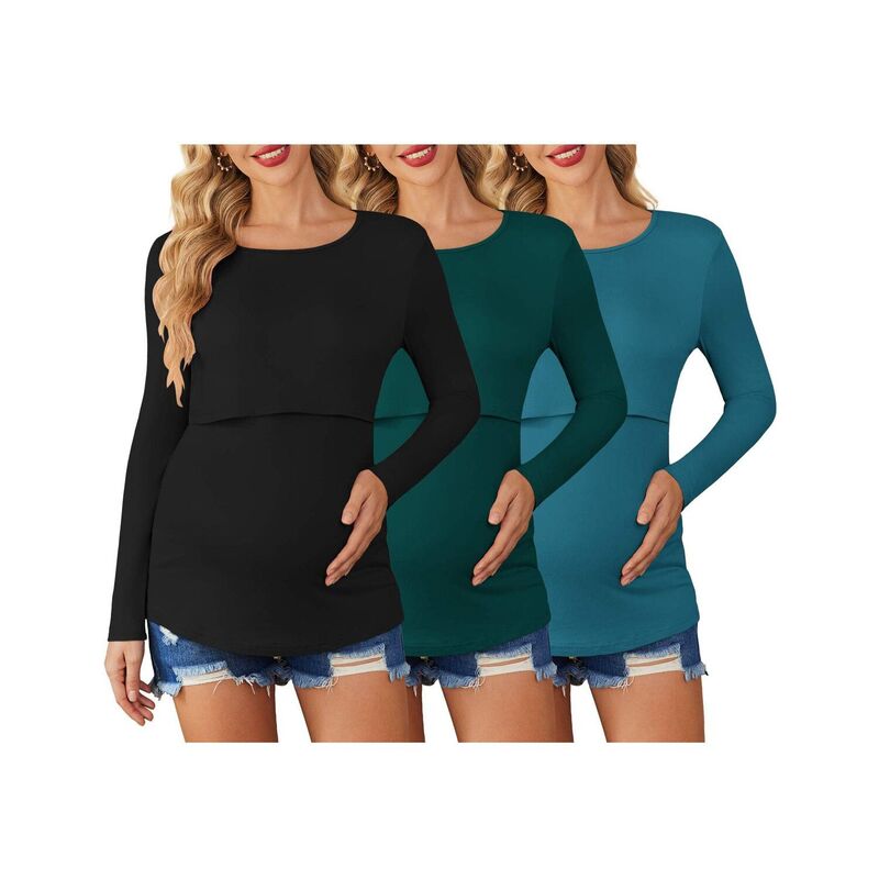 エコアー レディース トップス プルオーバー マタニティ Ekouaer Women 3 Packs Nursing Shirts Long Sleeve Maternity Tops Double Layer Breastfeeding Tees Black Lake Green 黒いこと