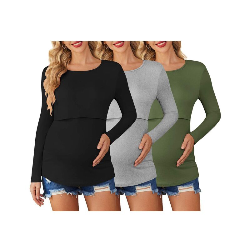 エコアー レディース トップス プルオーバー マタニティ Ekouaer Women 3 Packs Nursing Shirts Long Sleeve Maternity Tops Double Layer Breastfeeding Tees Black Pink Gray 黒いこと