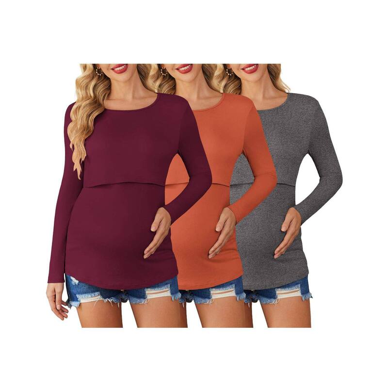 エコアー レディース トップス プルオーバー マタニティ Ekouaer Women 3 Packs Nursing Shirts Long Sleeve Maternity Tops Double Layer Breastfeeding Tees Dark Grey Dark Red 薄墨色