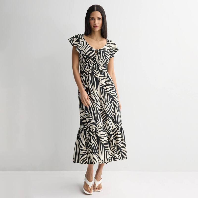 ナインウェスト レディース トップス ワンピース マキシ Women's Nine West Flutter Sleeve Maxi Dress Black Botanic Zebra ブラック|ReVida 店