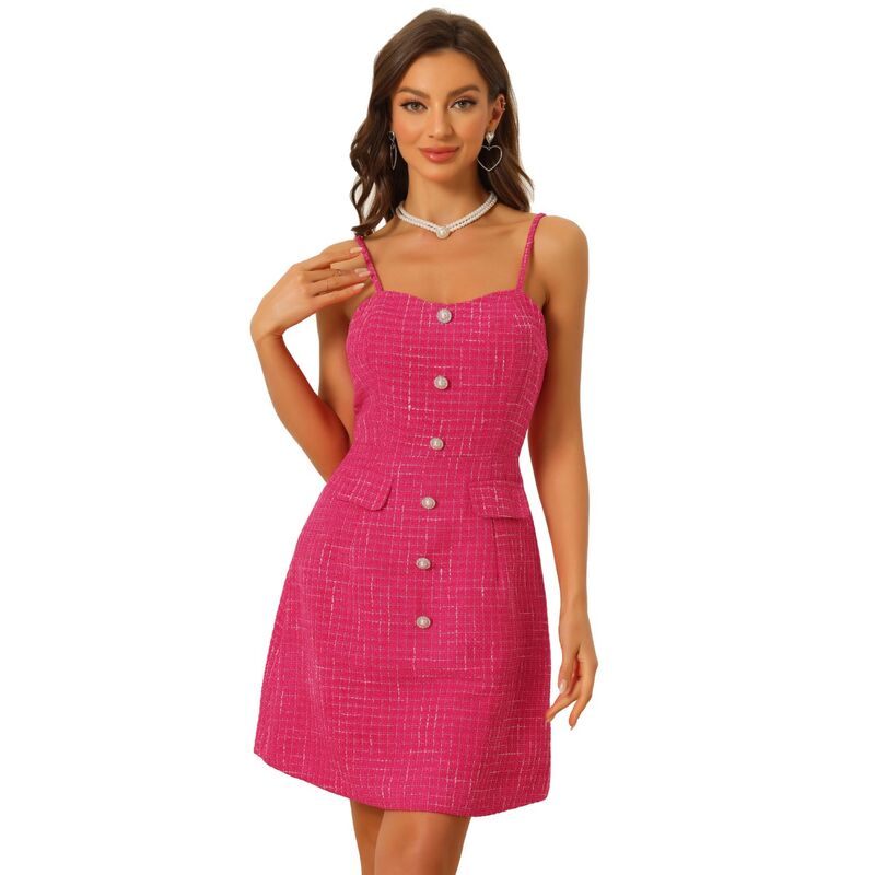 アレグラ ケー レディース トップス ワンピース ツイード ALLEGRA K Plaidress For Women Button Decor Spaghetti Strap Tweedresses Hot Pink ピンク|ReVida 店