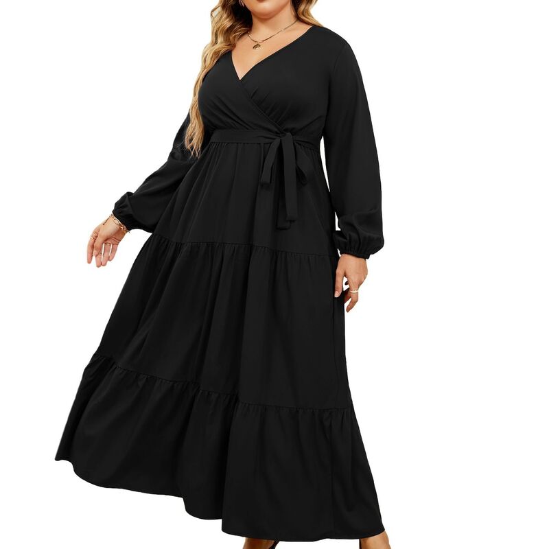 コジョイン レディース トップス ワンピース Vネック ハイウエスト プラスサイズ フリル マキシ Kojooin Women Plusize V Neck Wrap Maxi Dress High Waist Ruffle Summer Casual Dress with Belt Long Sleeve Black ブラック｜ReVida 店 11,684円