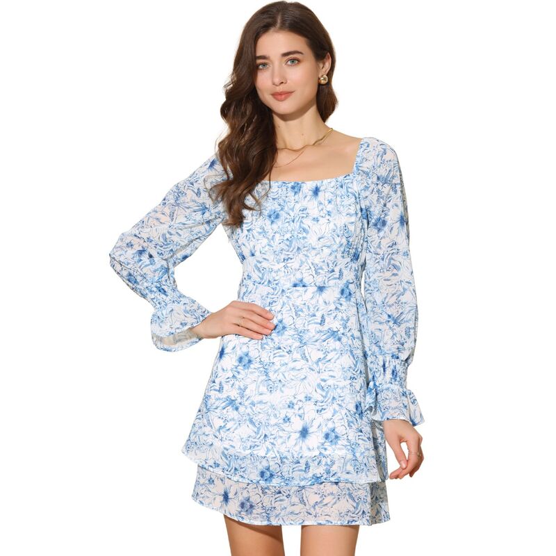 インスパイア シック レディース トップス ワンピース A ライン フラワー柄 プリント フラワー INSPIRE CHIC Dress for Women's Long Sleeve Square Neck Floral Print Casual A Line Dress Blue ブルー|ReVida 店