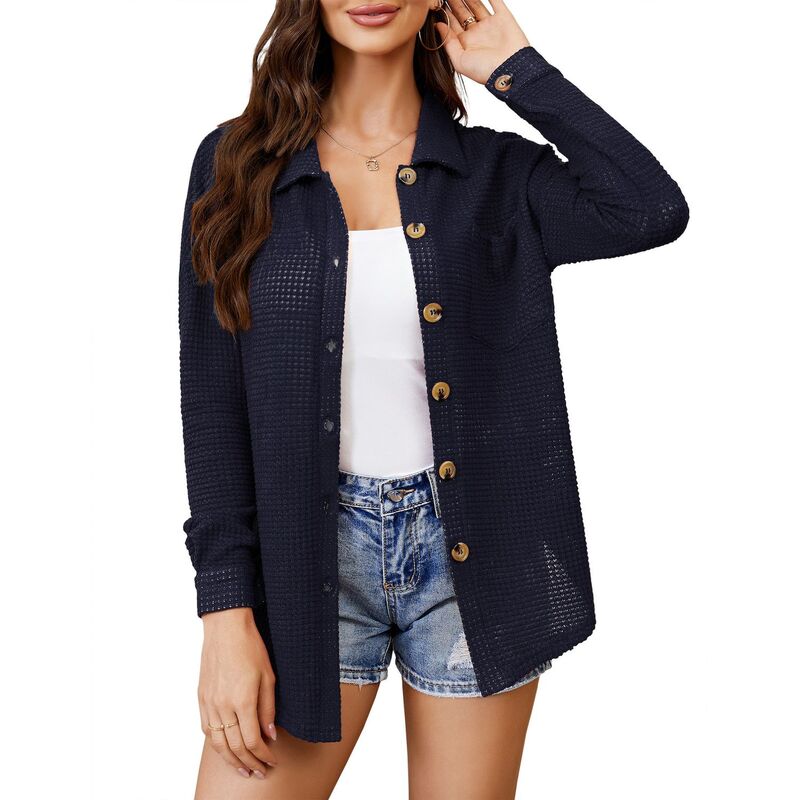 イエスファッション レディース トップス シャツ ボタンダウン ブラウス ニット ジャケット Yesfashion Womens Waffle Knit Button Down Oversized Blouse Jacketops with Bust Pocketshirt Long Sleeve Blue ブルー｜ReVida 店