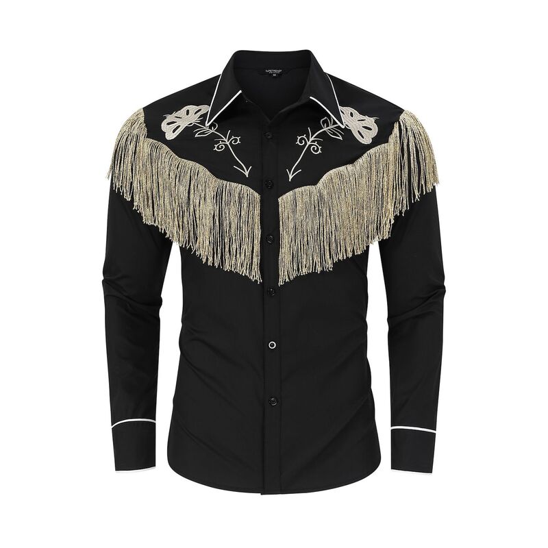 コジョイン レディース トップス Tシャツ ボタンダウン 刺繍 フリンジ Kojooin Men's Fringe Shirts Embroidered Western Cowboy Costume Long Sleeve Button Down Hippie Shirt Black Yellow ブラック|ReVida 店
