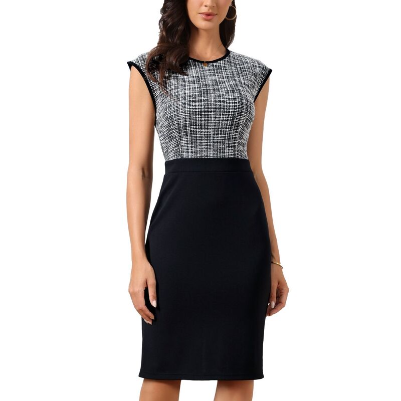 インスパイア シック レディース トップス ワンピース クルーネック パッチワーク ツイード ノースリーブ INSPIRE CHIC Work Dress for Women Tweed Crew Neck Sleeveless Patchwork Office Business Bodycon Sheath Dresses Black ブラック|ReVida 店