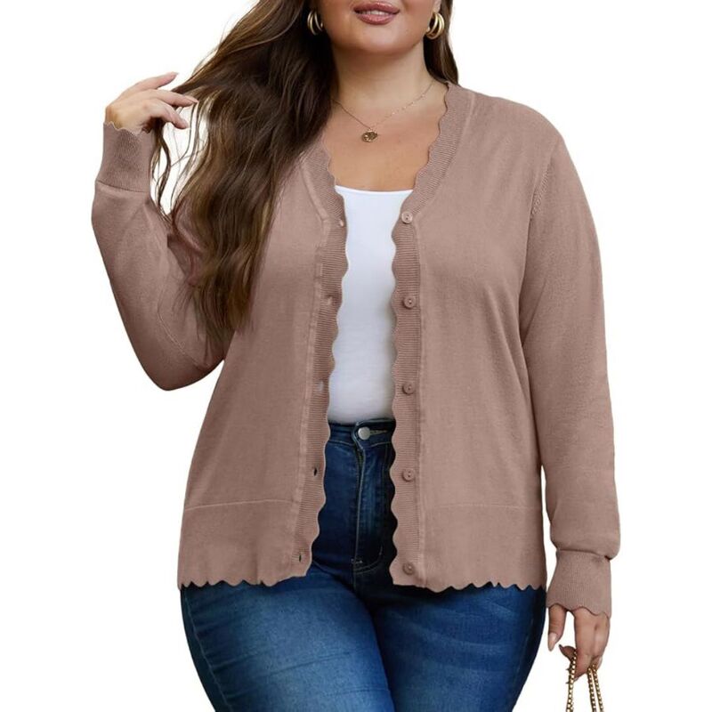 イエスファッション レディース アウター ニット・セーター Vネック プラスサイズ カーディガン ダウン クロップド Yesfashion Women's Plusize Cardigan Cropped Long Sleeve V-Neck Buttons Down Wavedges Casual Knit Shrugs Camel Almond キャメル｜ReVida 店