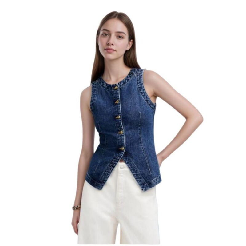 イエスファッション レディース トップス Tシャツ ボタンダウン ベスト ノースリーブ コート ダウン デニム Yesfashion Womens Button Down Denim Vestopsleeveless Fitted Jean Tank Tops Trendy Casual Waistcoat Dark Blue ブルー｜ReVida 店