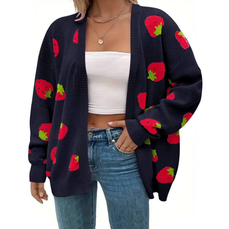 イエスファッション レディース アウター ニット・セーター フラワー柄 プラスサイズ プリント カーディガン フラワー Yesfashion Women's Plusize Strawberry Floral Print Long Sleeve Open Front Knit Cardigan Sweater Navy Blue ネイビー|ReVida 店
