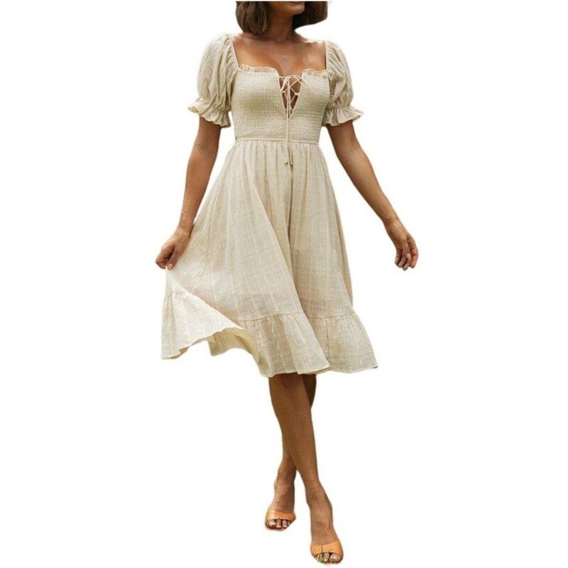 イエスファッション レディース トップス ワンピース フリル レース Yesfashion Women\'s Casual Dressquare Neck Lace-Up Front Ruffle Puff Sleeves Beach Dress Apricot アプリコット｜ReVida 店