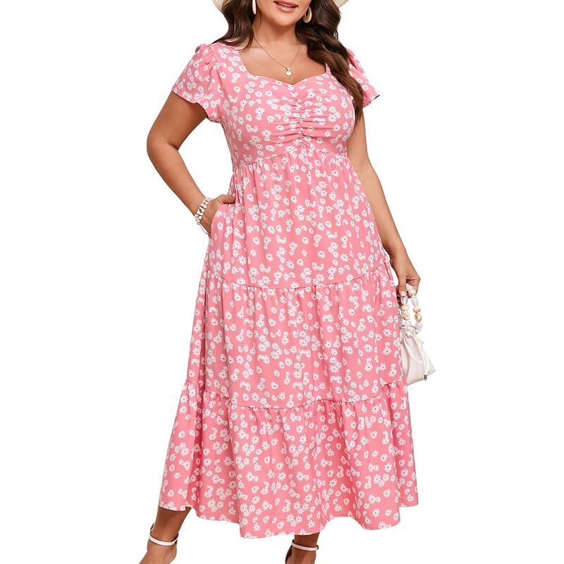 クリアフラワー レディース トップス ワンピース ティアード フラワー柄 プラスサイズ フリル マキシ ClearFlower Women Plusize Floral Maxi Dresshort Sleeve Ruffled Sweetheart Neck Tiered Summer Dress Pink Flower ピンク｜ReVida 店