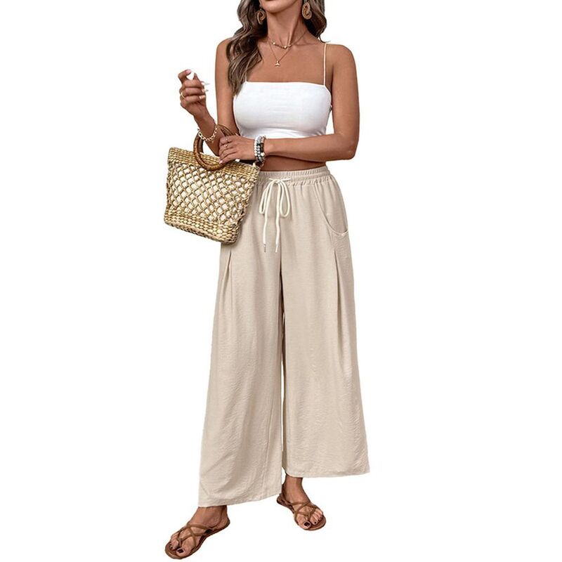 コジョイン レディース ボトムス カジュアルパンツ ワイドレッグ ハイウエスト リネン Kojooin Women Casual Pants Wide Leg Lightweight High Waist Elastic Adjustable Palazzo Linen Pant Apricot アプリコット｜ReVida 店 10,426円