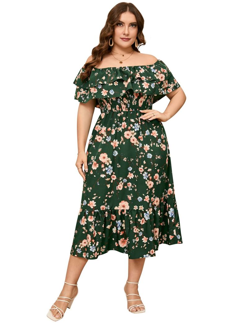 エリートチョイス レディース トップス ワンピース プラスサイズ ミディ オフショルダー Elitechoice Women's Plusize Off-Shoulder Midi Dress Dark Green Flower グリーン|ReVida 店