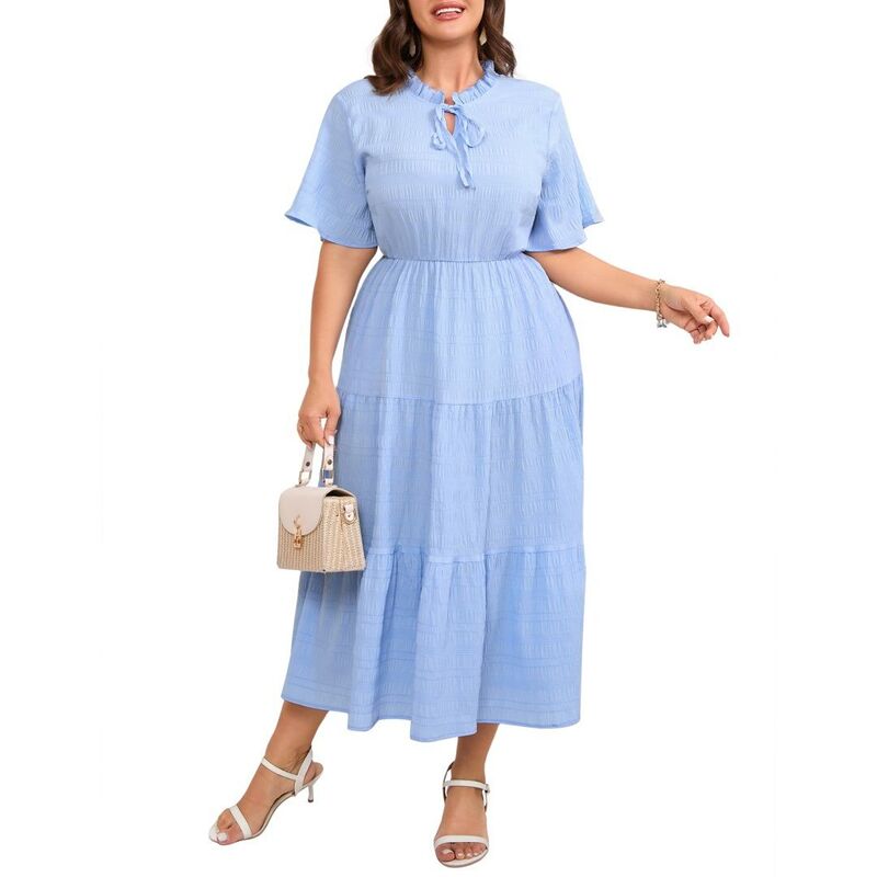 ボディサイズ レディース トップス ワンピース プラスサイズ フリル ミディ マキシ BODDYSIZE Womens Plusize Short Sleeve Midi Dress Trendy Maxi Dress Flowy Elegant Casualong Ruffle Sundress Light Blue ブルー|ReVida 店