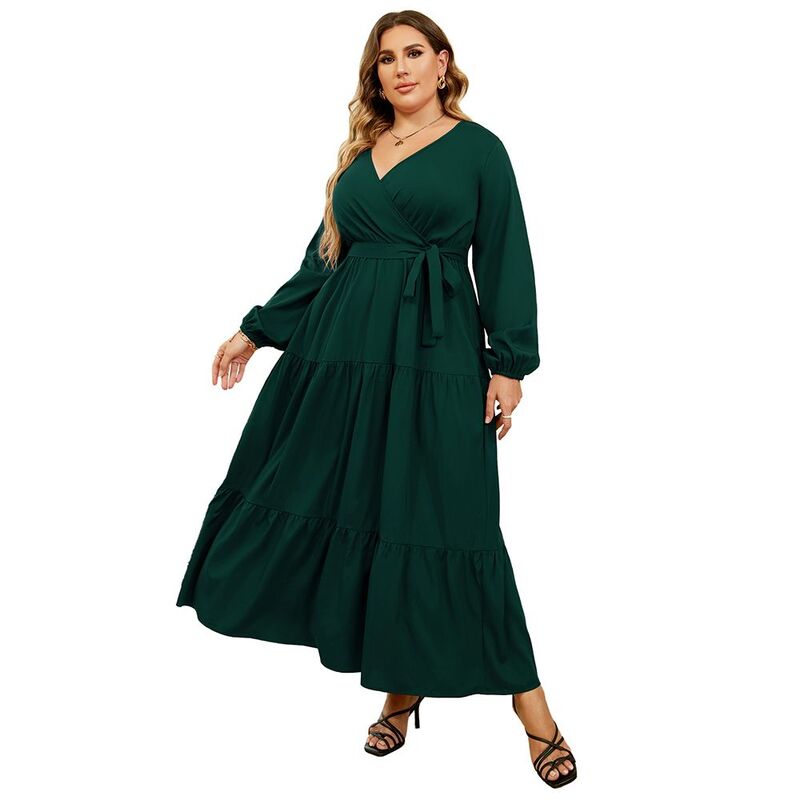 セオリア レディース トップス ワンピース ティアード プラスサイズ マキシ Seoria Women Plusize Wrap Long Sleeve Tiered Maxi Dress Green グリーン|ReVida 店