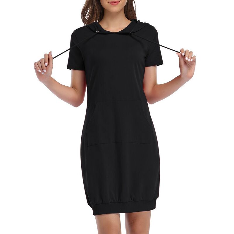 クリアフラワー レディース トップス ワンピースウェット シャツ パーカー ClearFlower Women Short Sleeve Hoodie Dress Casual Tunic Sweatshirt Dress with Pocket andrawstring Hood Black ブラック｜ReVida 店