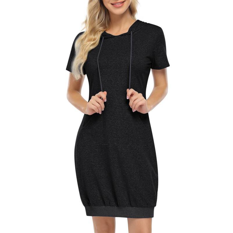 クリアフラワー レディース トップス ワンピースウェット シャツ パーカー ClearFlower Women Short Sleeve Hoodie Dress Casual Tunic Sweatshirt Dress with Pocket andrawstring Hood Black Grey ブラック|ReVida 店