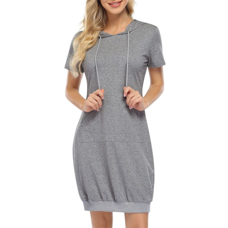 クリアフラワー レディース トップス ワンピースウェット シャツ パーカー ClearFlower Women Short Sleeve Hoodie Dress Casual Tunic Sweatshirt Dress with Pocket andrawstring Hood Light Grey グレー|ReVida 店