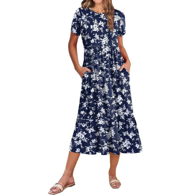 ジーグー レディース トップス ワンピース ティアード A ライン ミディ シャツ Zeagoo Women s Casual Short Sleeve Tiered A Line Swing Midi Dress with Pockets Beach T Shirt Dress Navy White Floral ホワイト|ReVida 店