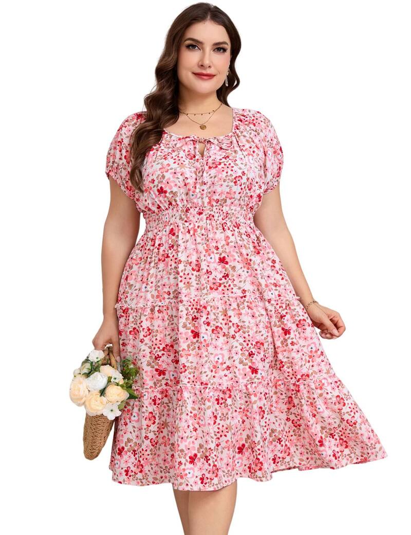 エリートチョイス レディース トップス ワンピース プラスサイズ ミディ Elitechoice Women's Plusize Square Neck Midi Dress with Pockets Pink Flower ピンク|ReVida 店