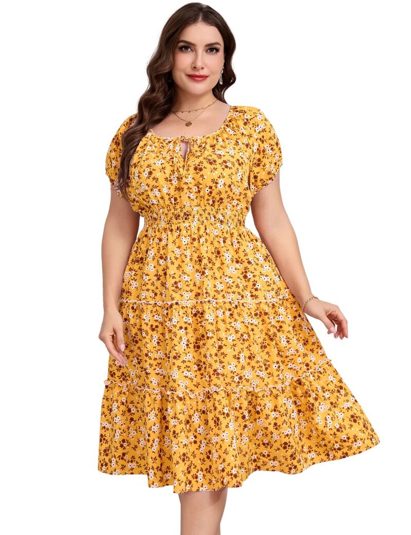 エリートチョイス レディース トップス ワンピース プラスサイズ ミディ Elitechoice Women's Plusize Square Neck Midi Dress with Pockets Yellow Flower イエロー|ReVida 店