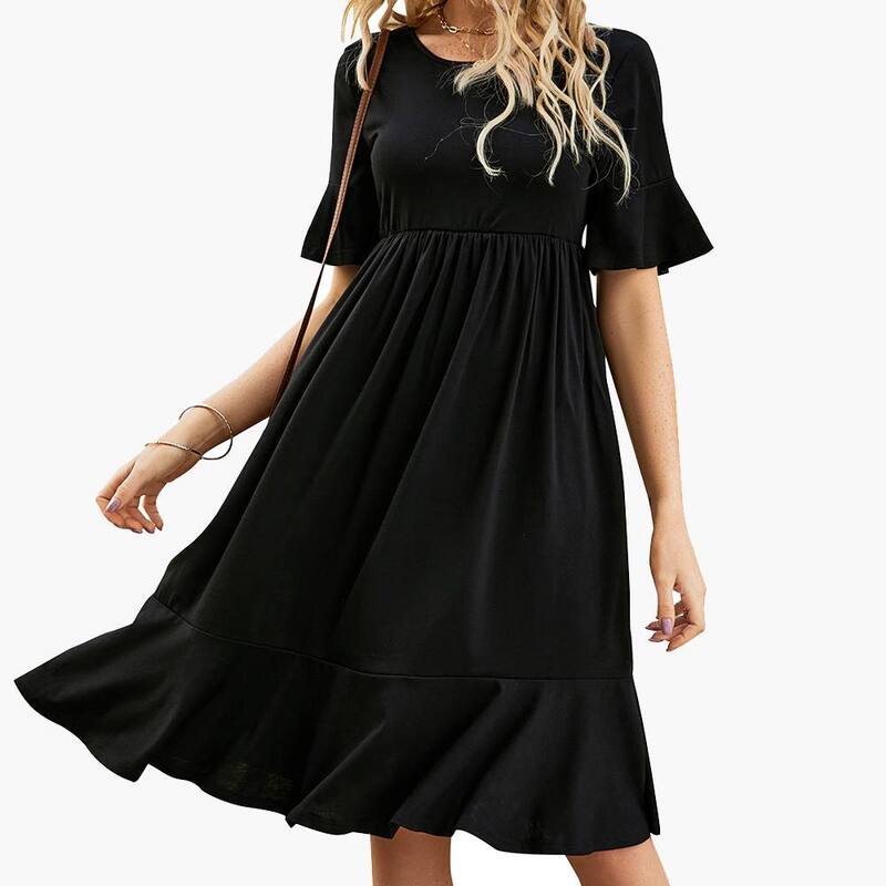 ジョイジョイ レディース トップス ワンピース クルーネック フリル ミディ シャーリング エンパイア JoyJoy Women\'summer Empire Waist Dress Ruffle smocked Flutter Crew Neck Midi Dresses Daily Casual Dress Black ブラック｜ReVida 店