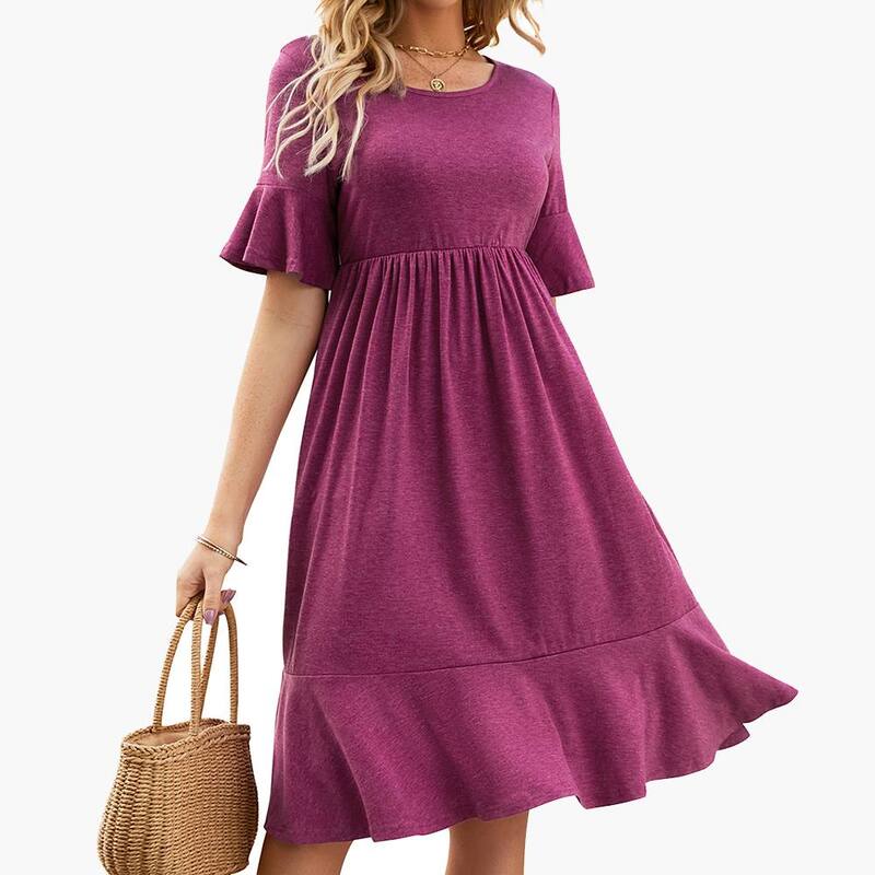 ジョイジョイ レディース トップス ワンピース クルーネック フリル ミディ シャーリング エンパイア JoyJoy Women\'summer Empire Waist Dress Ruffle smocked Flutter Crew Neck Midi Dresses Daily Casual Dress Wine Red レッド｜ReVida 店