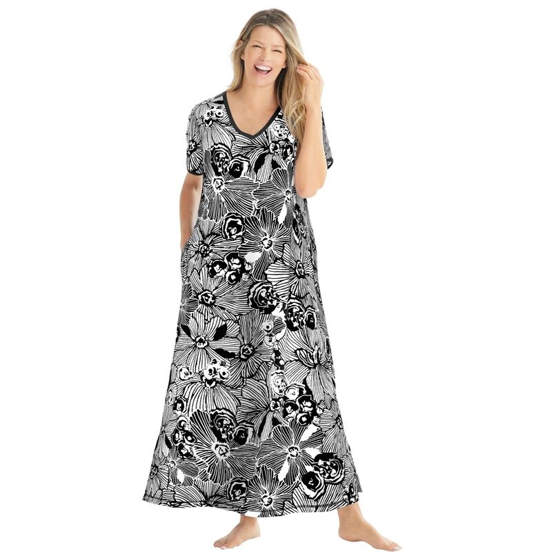 ドリームスアンドコー レディース アンダーウェア ナイトウェア Vネック プラスサイズ プチ マキシ Dreams & Co. Plusize Petite V-Neck Short Sleeve Maxi Lounger Black White Flower ホワイト|ReVida 店