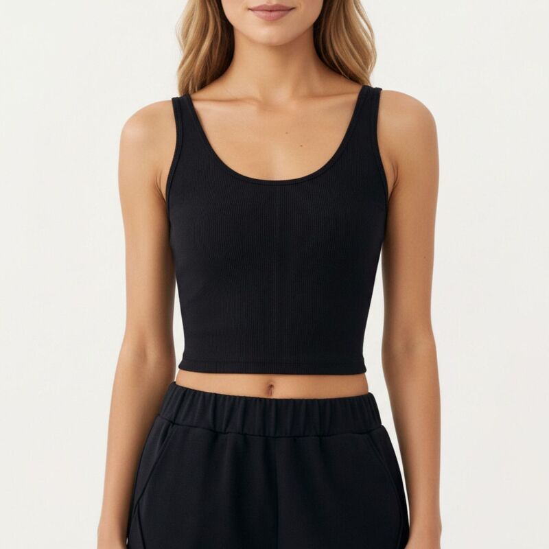 アンナカシ レディース トップス プルオーバー 肋材 クロップド Anna-Kaci Women\u0027s Ribbed Cropped Active Tank Top with Scoop Neckline Contoured Seam Detail Black 黒いこと