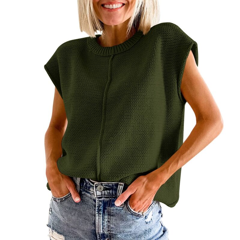 クリアフラワー レディース トップス Tシャツ ベスト ノースリーブ ニット ClearFlower Women'sleeveless Knit Vest Round Neck Comfy Loose Fit Pullover Tank Top Army Green グリーン｜ReVida 店